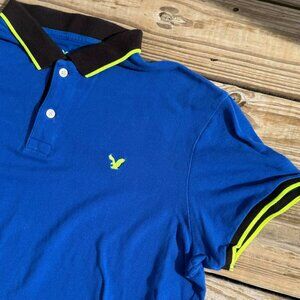 American Eagle Men’s XXL Blue Polo Shirt Black Collar Neon Green Accent Prep Y2K